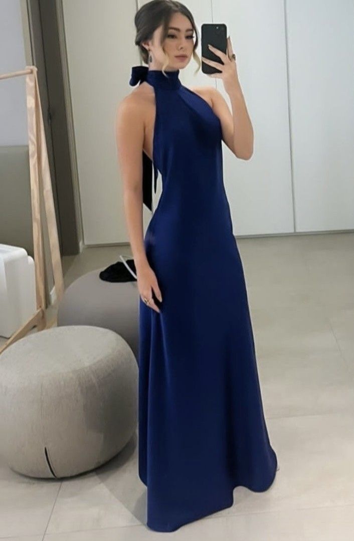 Classy A line High Neckline Streachable Satin Navy Blue Long Prom Dresses Evening Dress C2653