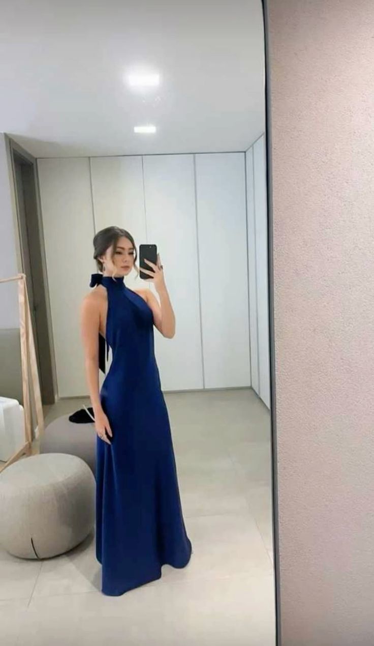 Classy A line High Neckline Streachable Satin Navy Blue Long Prom Dresses Evening Dress C2653