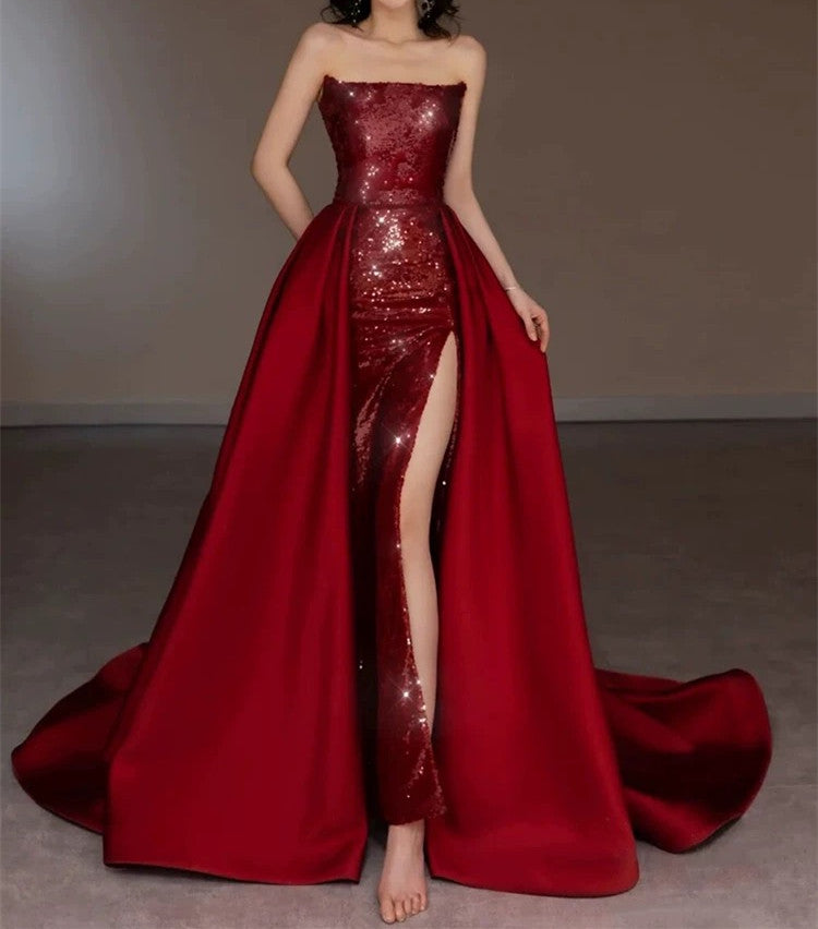 Jolie robe de bal longue rouge sans bretelles avec fente C2667