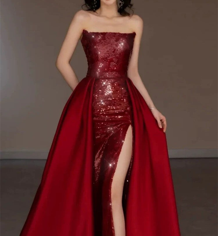 Jolie robe de bal longue rouge sans bretelles avec fente C2667