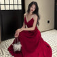 Robe de soirée longue en satin rouge à bretelles en forme de A C2675