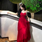 Superbe robe de soirée longue rouge à bretelles spaghetti et gaine C2677