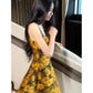 Robe de bal d'anniversaire 16 ans à bretelles jaune à fleurs, robe de soirée courte en satin, mini robe de soirée C2680