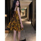 Robe de bal d'anniversaire 16 ans à bretelles jaune à fleurs, robe de soirée courte en satin, mini robe de soirée C2680
