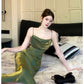 Superbe robe de soirée sirène à bretelles spaghetti verte C2685