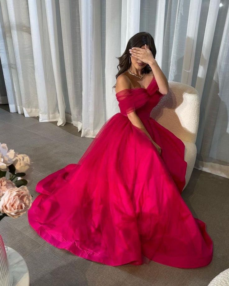 Fancy Off the Shoulder Hot Pink A-Line Evening Prom Dress C2693