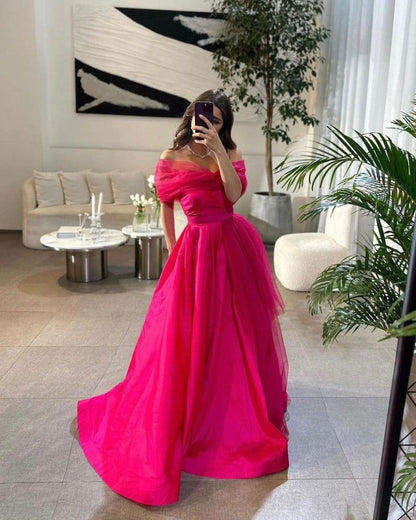 Fancy Off the Shoulder Hot Pink A-Line Evening Prom Dress C2693