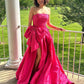Fancy Hot Pink Strapless Satin Long Prom Dress Tiered Evening Formal Gown With Bowknot C2695