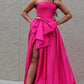 Fancy Hot Pink Strapless Satin Long Prom Dress Tiered Evening Formal Gown With Bowknot C2695