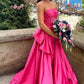 Fancy Hot Pink Strapless Satin Long Prom Dress Tiered Evening Formal Gown With Bowknot C2695