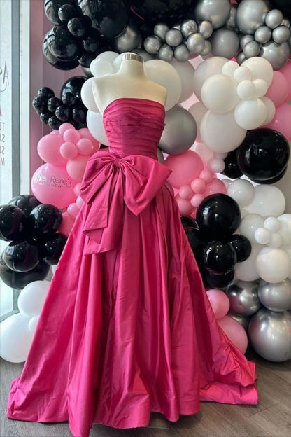 Fancy Hot Pink Strapless Satin Long Prom Dress Tiered Evening Formal Gown With Bowknot C2695