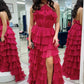 Fancy Halter Keyhole Ruffle Tiered Prom Dress with Slit Evening Gowns C2699