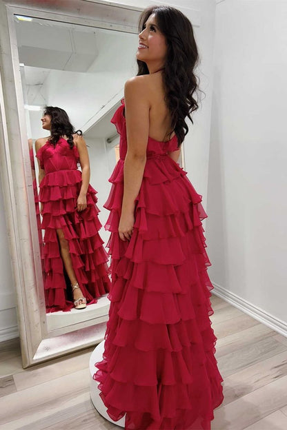 Fancy Halter Keyhole Ruffle Tiered Prom Dress with Slit Evening Gowns C2699