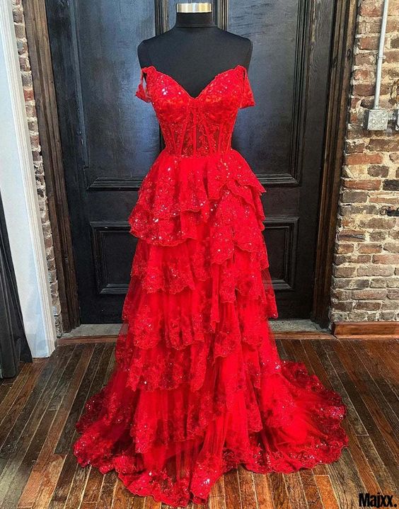Pretty A line Off The Shoulder Red Lace Ruffles Layers Long Slit Prom Dresses Formal Evening Dress C2704