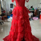 Pretty A line Off The Shoulder Red Lace Ruffles Layers Long Slit Prom Dresses Formal Evening Dress C2704