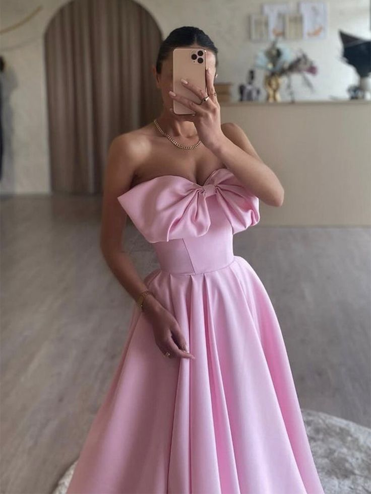 Fancy A-Line Pink Satin Long Prom Dress, Pink Long Formal Dress Evening Gowns C2718