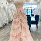 Superbe robe de soirée formelle en dentelle rose clair à épaules dénudées avec fente C2724