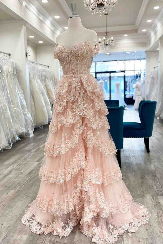 Superbe robe de soirée formelle en dentelle rose clair à épaules dénudées avec fente C2724