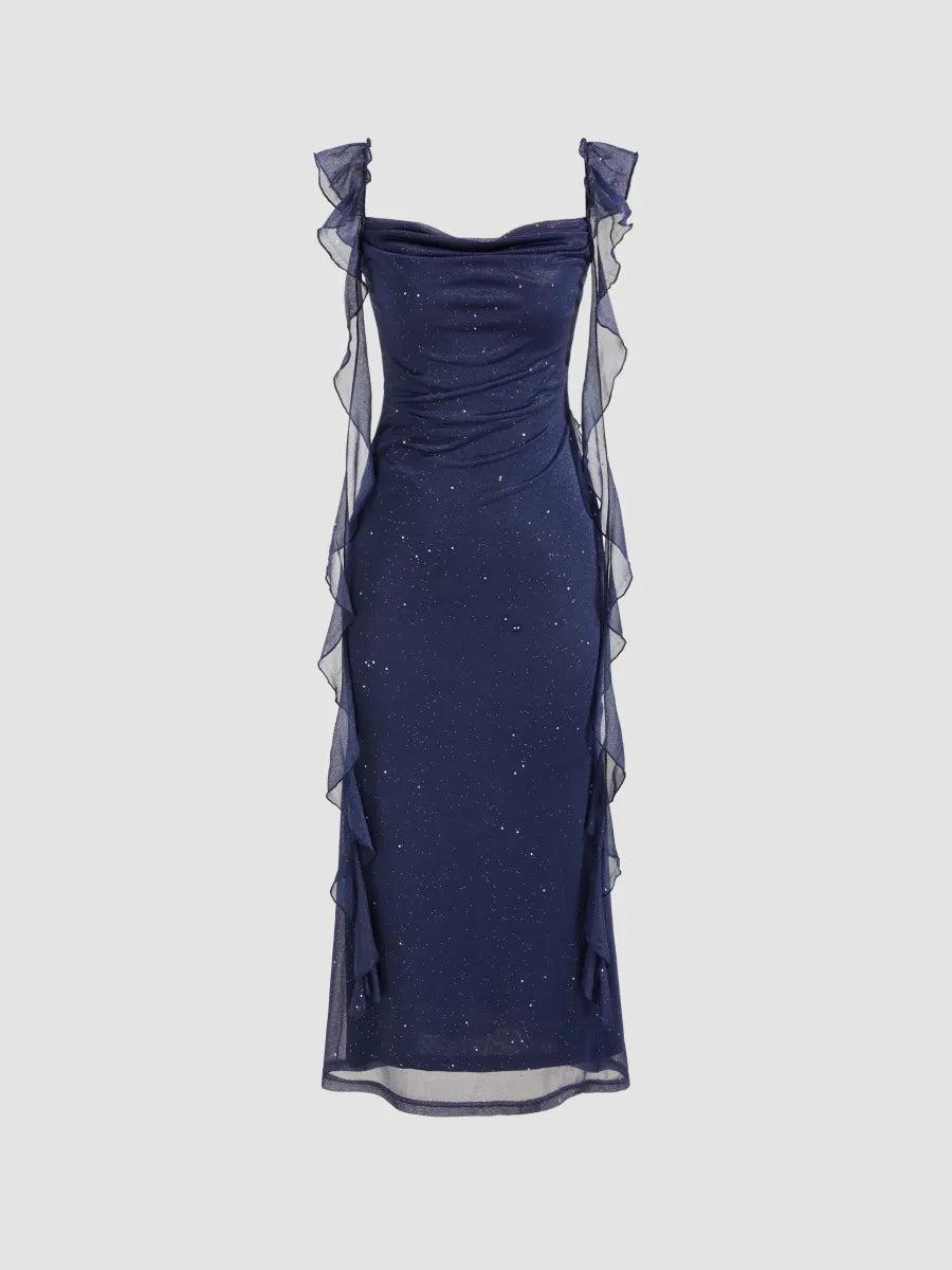 Elegant Sheath Square Neckline Navy Blue Chiffon Ruffles Prom Dresses Formal Dress C2733