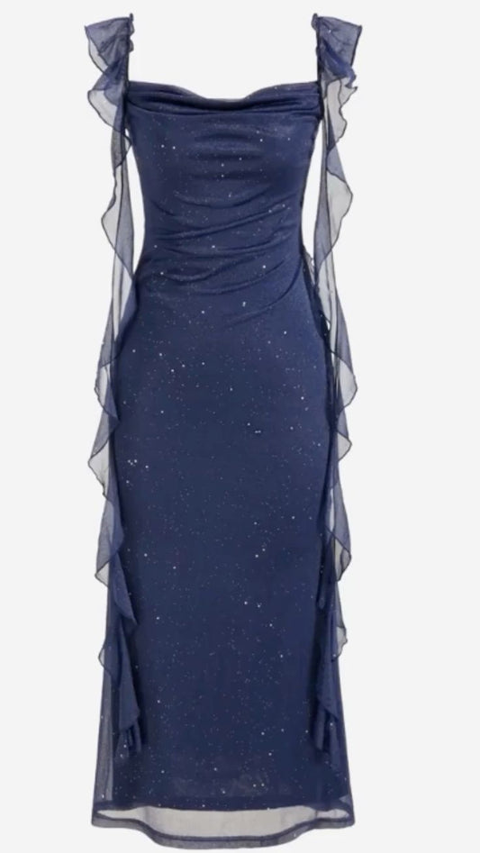 Elegant Sheath Square Neckline Navy Blue Chiffon Ruffles Prom Dresses Formal Dress C2733