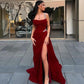 Elegant Sheath Straps Burgundy Satin Silver Beads Slit Long Prom Dresses Formal Dress C2737