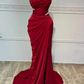 Elegant Sheath Straps Burgundy Satin Silver Beads Slit Long Prom Dresses Formal Dress C2737