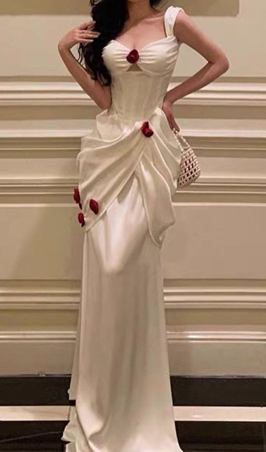 Superbe robe de soirée plissée à fleurs de roses C2749