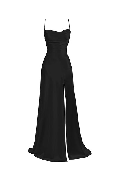 Elegant Sheath Spaghetti Straps Black Slit Long Prom Dresses Formal Dress C2752