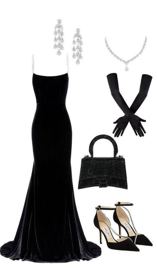 Robe de soirée longue en velours noir à bretelles spaghetti et sirène élégante C2773