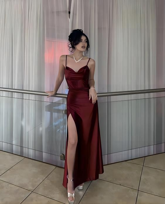 Elegant Sheath Spaghetti Straps Slit Burgundy Long Prom Dresses Evening Dress C2794