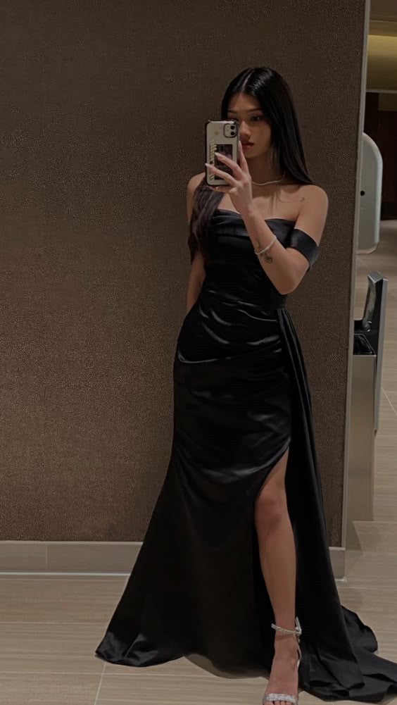 Pretty Sheath Off The Shoulder Slit Black Satin Prom Dresses Evening Dress C2799