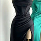 Elegant Sheath Spaghetti Straps Black Slit Long Prom Dresses Evening Dress C2802