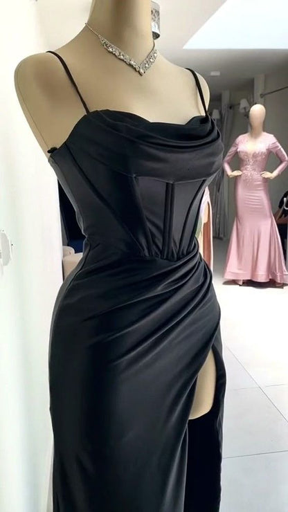 Elegant Sheath Spaghetti Straps Black Slit Long Prom Dresses Evening Dress C2802