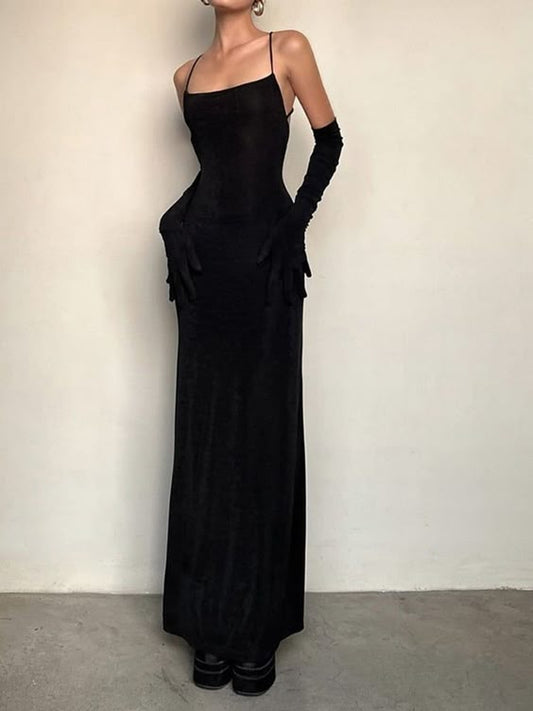 Robe de soirée longue noire sexy à bretelles spaghetti et gaine avec gants C2805