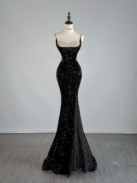 Robe de soirée longue sexy à bretelles spaghetti et paillettes noires avec fente C2807