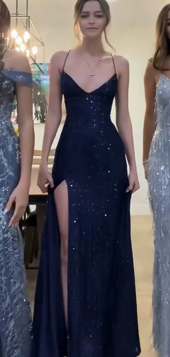 Pretty Slits Pretty Sheath Spaghetti Straps Slit Navy Blue Sequin Prom Dresses Even ...
