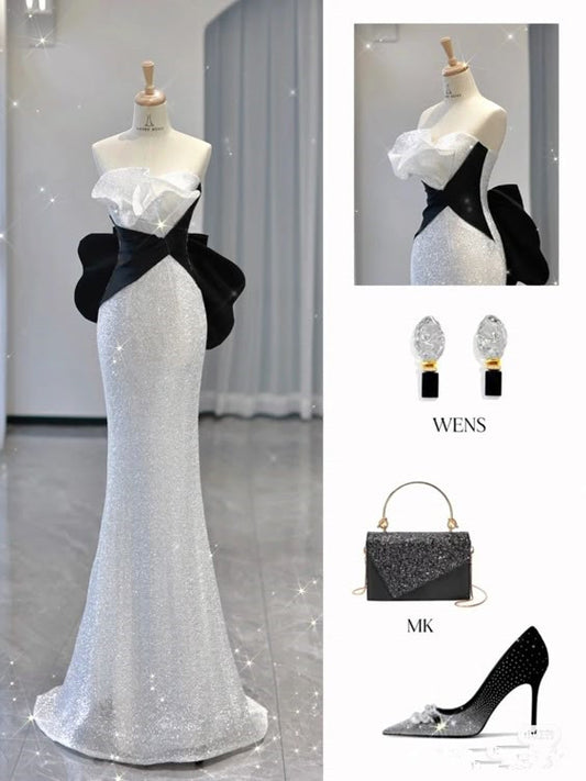 Robe de soirée sexy sirène sans bretelles à paillettes et à volants longs C2812