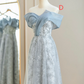 Robe de demoiselle d'honneur longue bleu pâle en mousseline de soie et dentelle, coupe trapèze, C3815