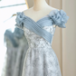 Robe de demoiselle d'honneur longue bleu pâle en mousseline de soie et dentelle, coupe trapèze, C3815