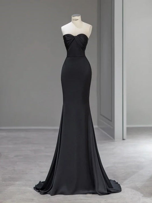 Robe de soirée longue noire en satin à col en cœur et sirène modeste C2825