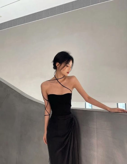 Pretty A line Strapless Black Satin Prom Dresses Evening Dress C2828