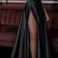Pretty A line Spaghetti Straps Black Satin Slit Long Prom Dresses Evening Dress C2829