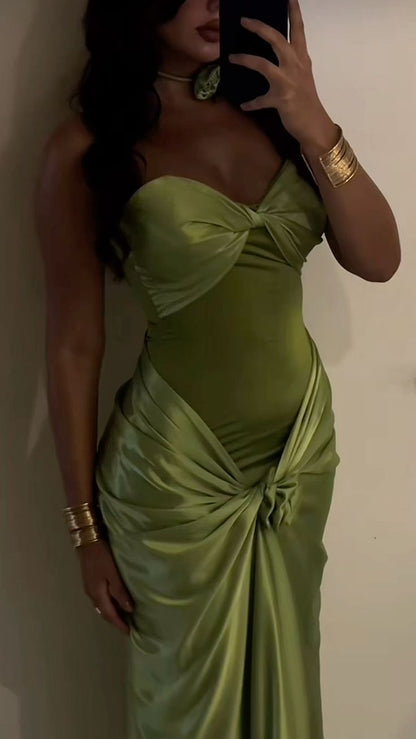 Modest Mermaid Sweetheart Sage Green Long Satin Prom Dresses Evening Dress C2843