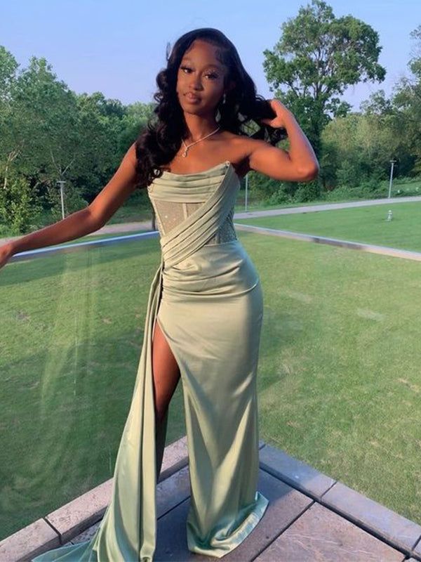 Modest Mermaid Strapless Mint Green Long Satin Slit Prom Dresses Evening Dress C2844