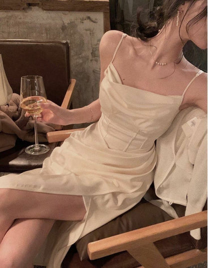 Modest Sheath Spaghetti Straps Ivory Slit Prom Dresses Evening Dress C2846