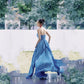 Modest A Line Sweetheart Blue Fold Slit Prom Dresses Long Evening Dress C2855