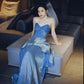 Modest A Line Sweetheart Blue Fold Slit Prom Dresses Long Evening Dress C2855