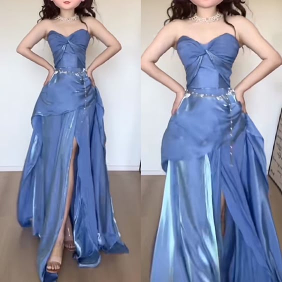 Modest A Line Sweetheart Blue Fold Slit Prom Dresses Long Evening Dress C2855