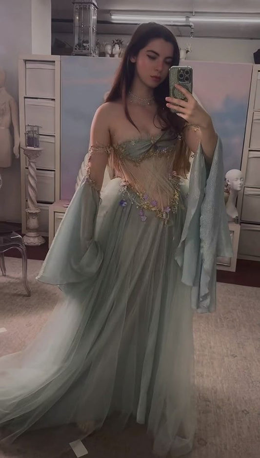 Robe de bal longue sans bretelles à épaules dénudées et manches longues, vert poussiéreux, longueur au sol, princesse C2856