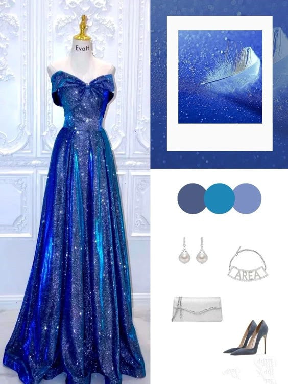 Jolie robe de bal longue à paillettes bleu royal à épaules dénudées et longueur au sol C2859
